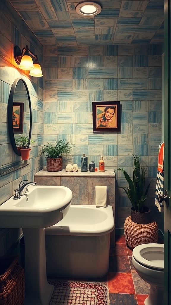 A cozy 70s style bathroom with blue patterned walls, earthy red flooring, and plants.
