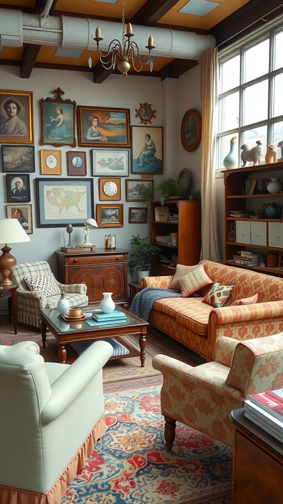 A cozy vintage-inspired living room with eclectic decor, featuring various framed artworks on the walls, a mix of colorful sofas, and a warm atmosphere.