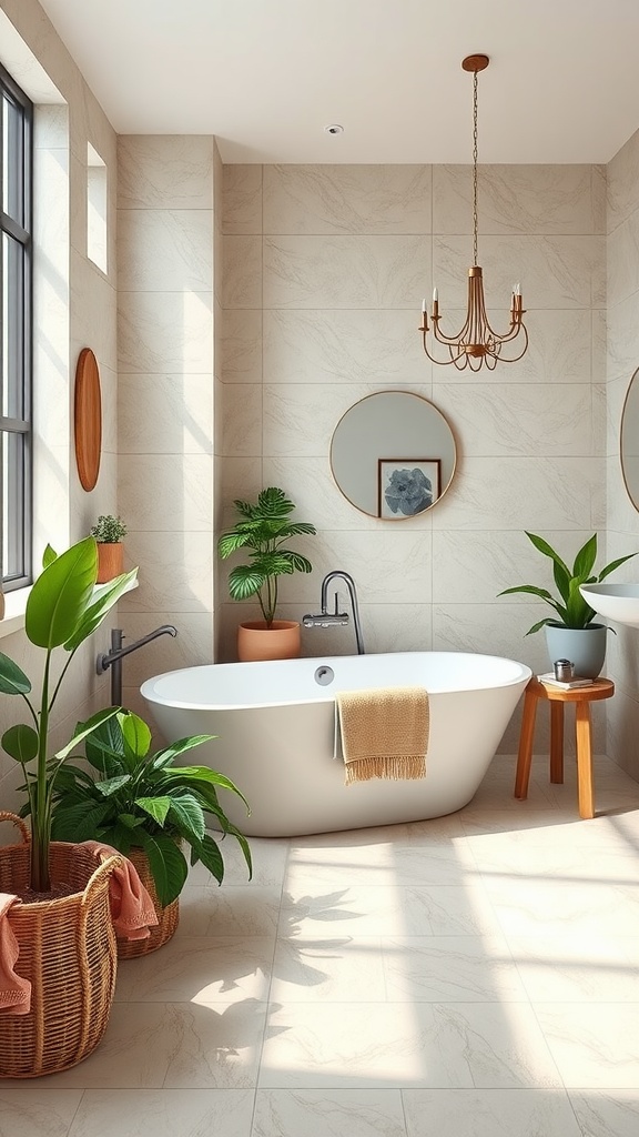 A modern bathroom with a freestanding tub, plants, and natural light.