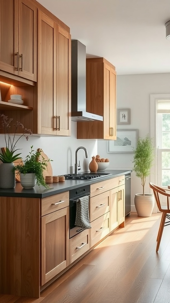 A kitchen featuring sleek alder wood cabinets with a modern design.