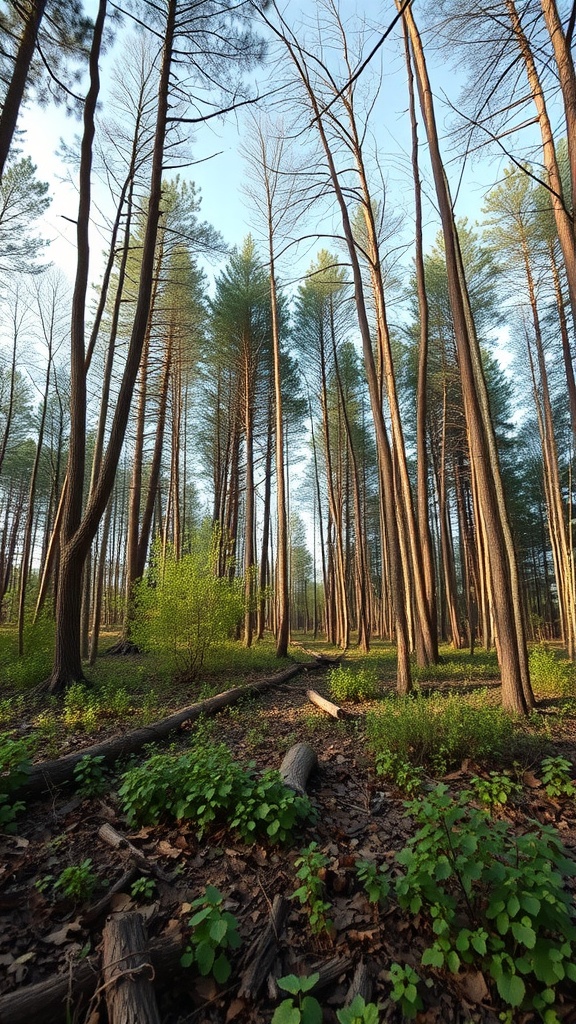 A forest of tall maple trees, showcasing their natural beauty and sustainability.