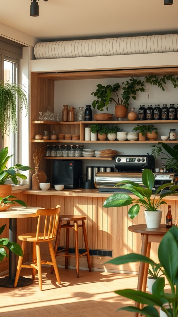 A cozy eco-friendly coffee bar with wooden shelves, plants, and coffee supplies.