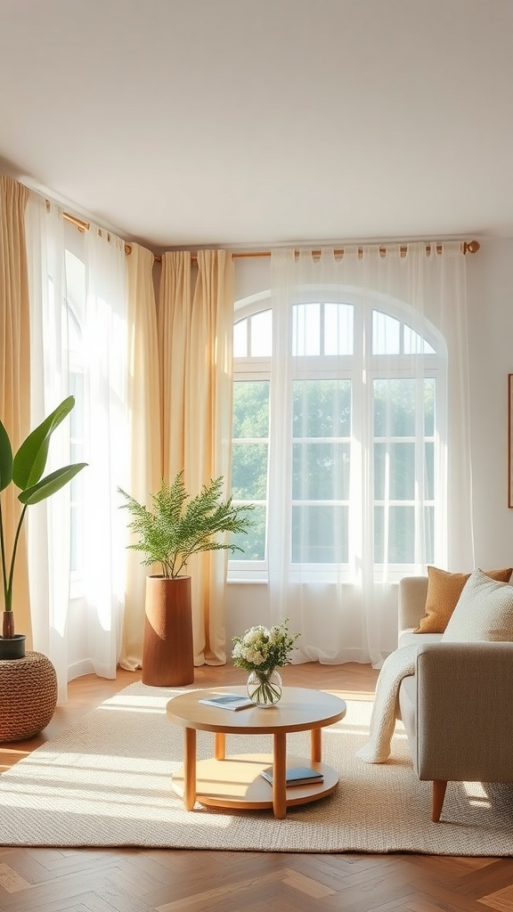 A bright living room featuring light, airy curtains, a cozy couch, a round coffee table, and a potted plant.