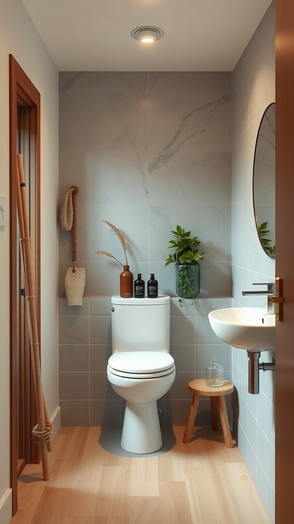 A small, eco-friendly bathroom featuring natural materials and plants.