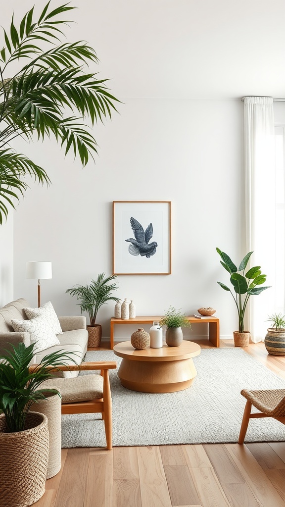 A contemporary living room with plants, wooden furniture, and neutral colors.