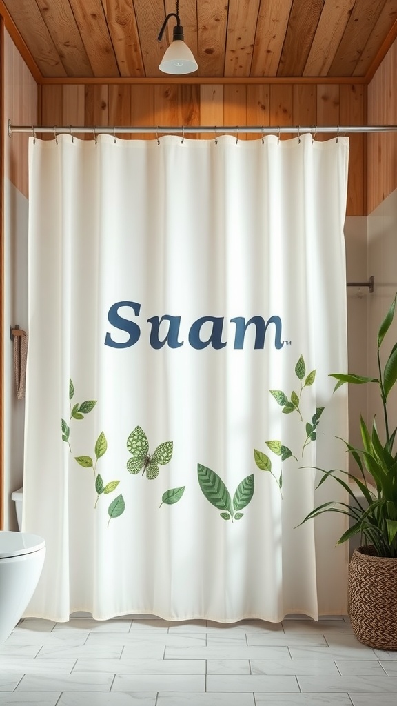 A shower curtain with leaf designs and a butterfly, promoting eco-friendly living.