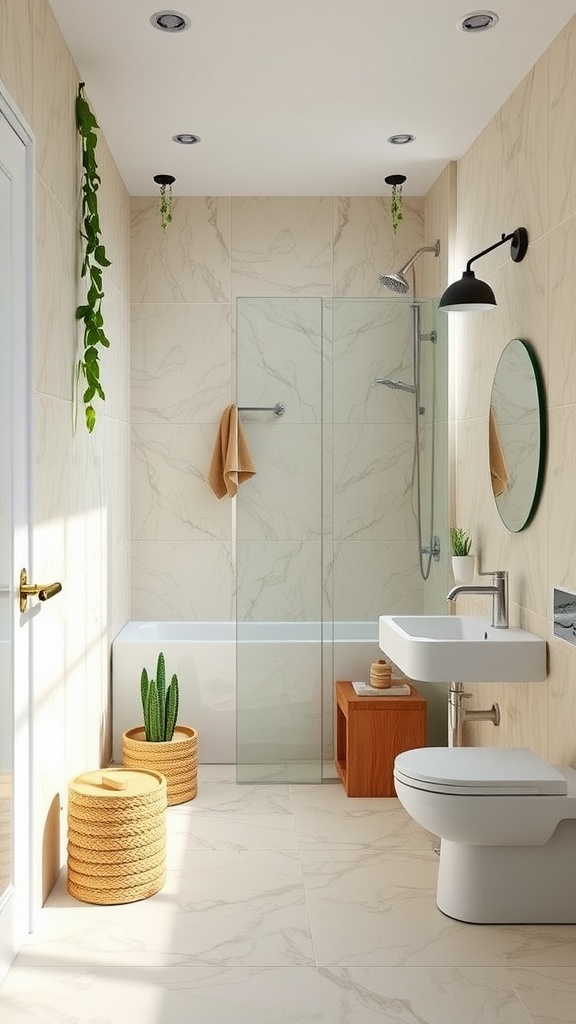 A modern eco-friendly bathroom featuring natural materials, plants, and energy-efficient fixtures.