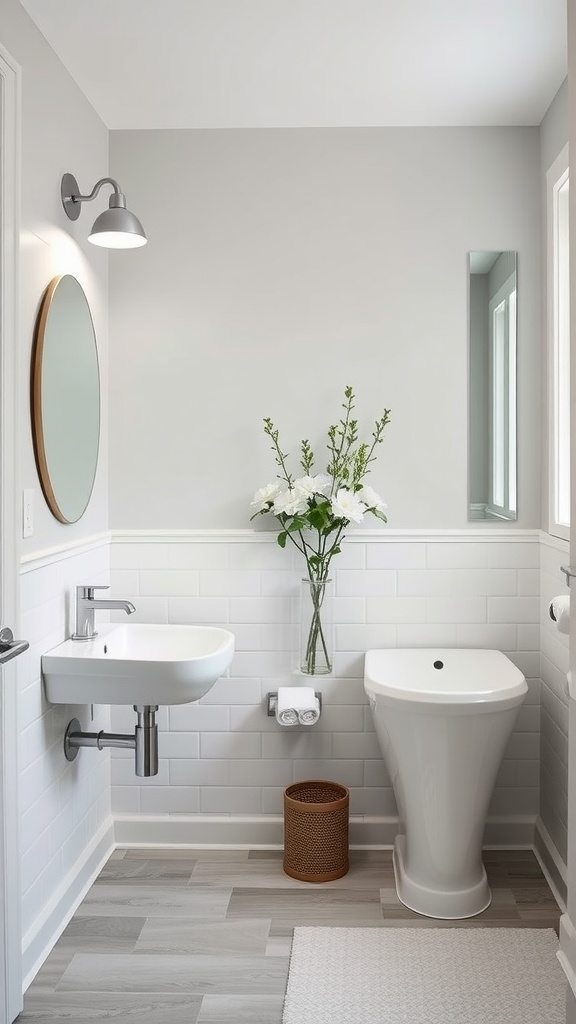 A modern and eco-friendly jack and jill bathroom featuring a wall-mounted sink, low-flow toilet, and fresh flowers.