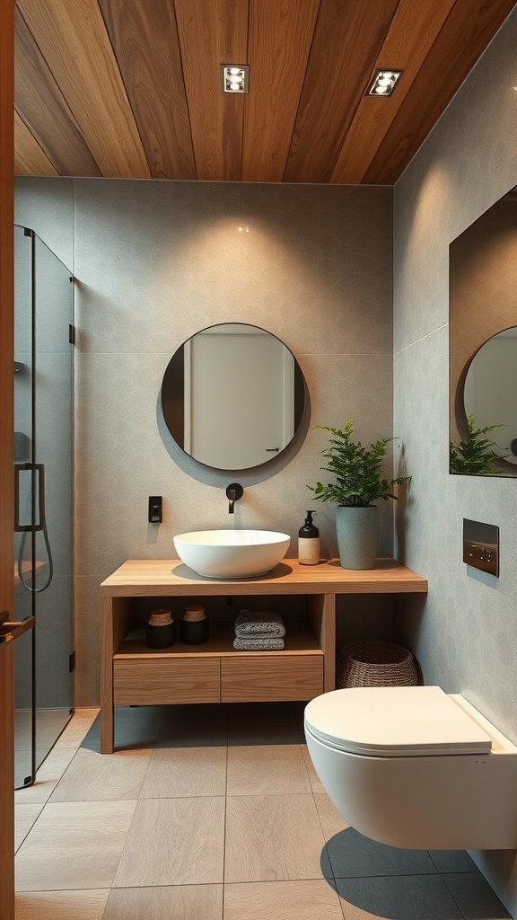 A modern guest bathroom featuring eco-friendly materials like wood and plants.