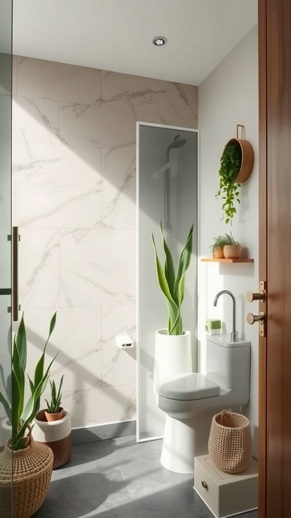 A small farmhouse bathroom featuring eco-friendly materials and plants.