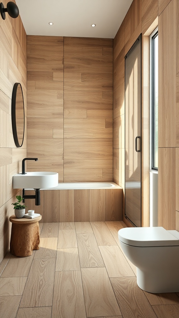 A modern bathroom featuring wood look tile shower walls with a clean and natural design.