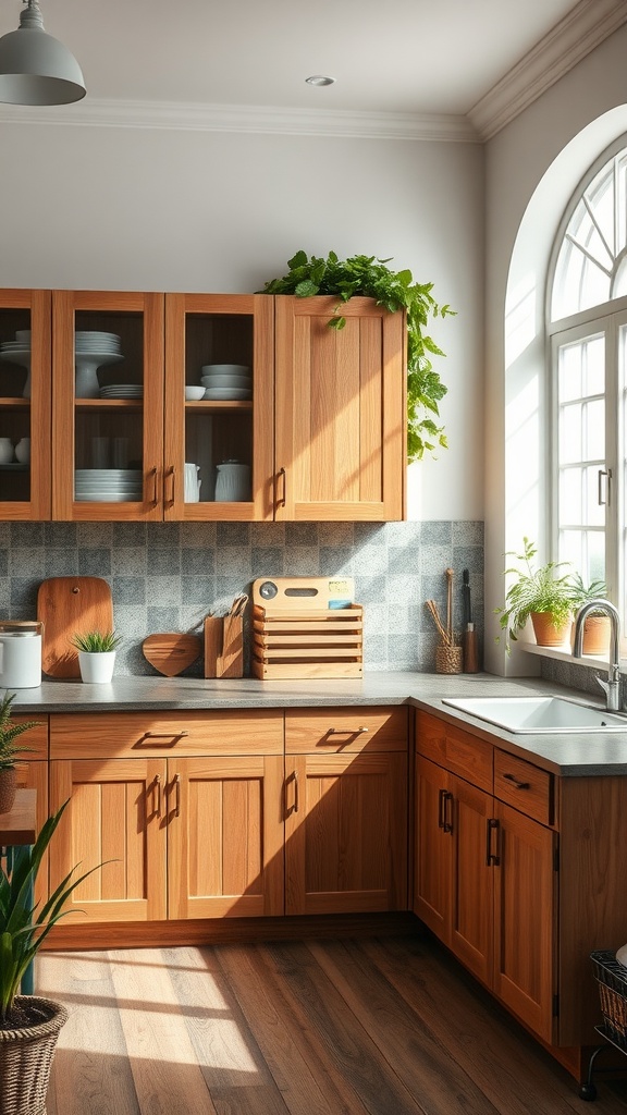 A bright kitchen featuring wooden cabinets, a sink, and potted plants, showcasing an eco-friendly design.
