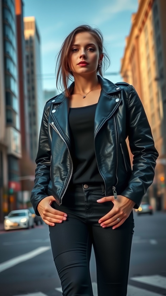 A stylish individual wearing a black leather jacket, black top, and black pants, standing confidently in an urban setting.