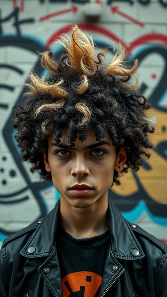 A person with a curly mohawk hairstyle, featuring defined curls and a mix of dark and light colors, wearing a leather jacket.