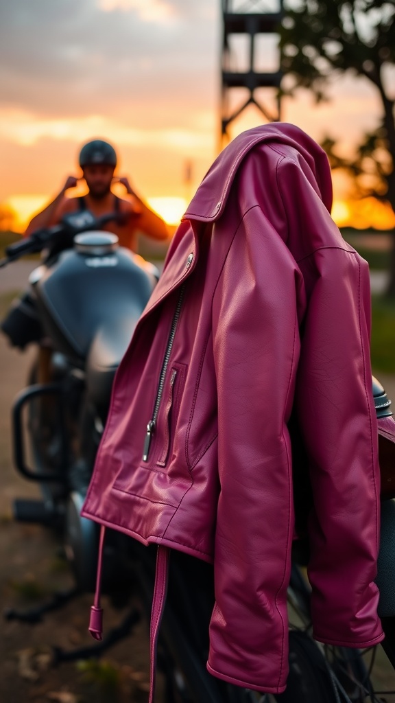 A pink leather jacket hanging on a motorcycle, with a sunset in the background.