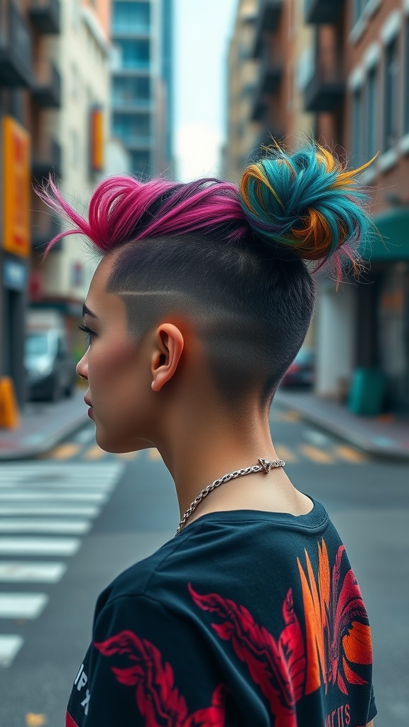 A person with a vibrant half updo hairstyle featuring pink and blue colors and an undercut, standing in an urban setting.