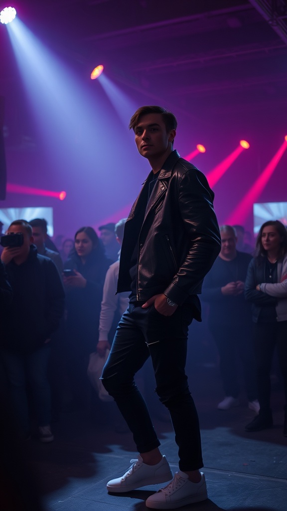A young person wearing a leather jacket and white sneakers at a rave.
