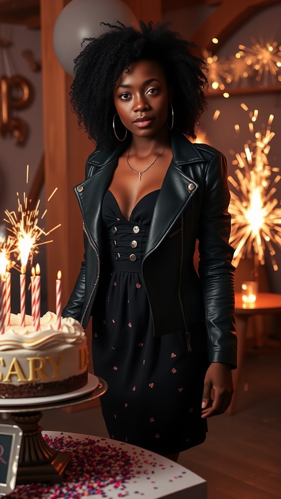A woman wearing a black leather jacket over a party dress, standing beside a birthday cake with candles.