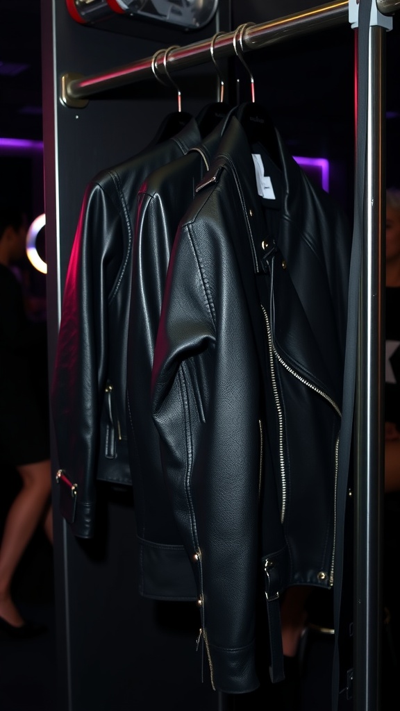 Three black leather jackets hanging on a rack in a stylish setting