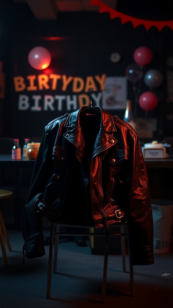A black leather jacket hanging on a chair with festive birthday decorations in the background.