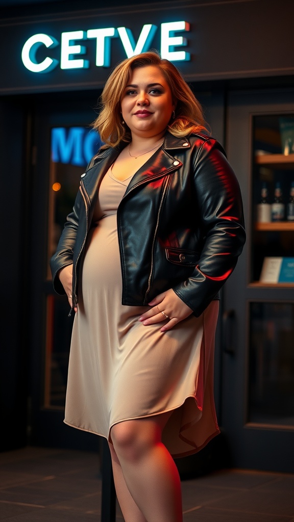 A model wearing a black leather jacket over a beige dress, standing in front of a sign that reads 'CETVE'.