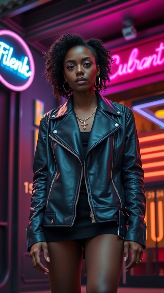 Black woman wearing a black leather jacket and a black dress with hoop earrings, standing in front of a neon-lit background.
