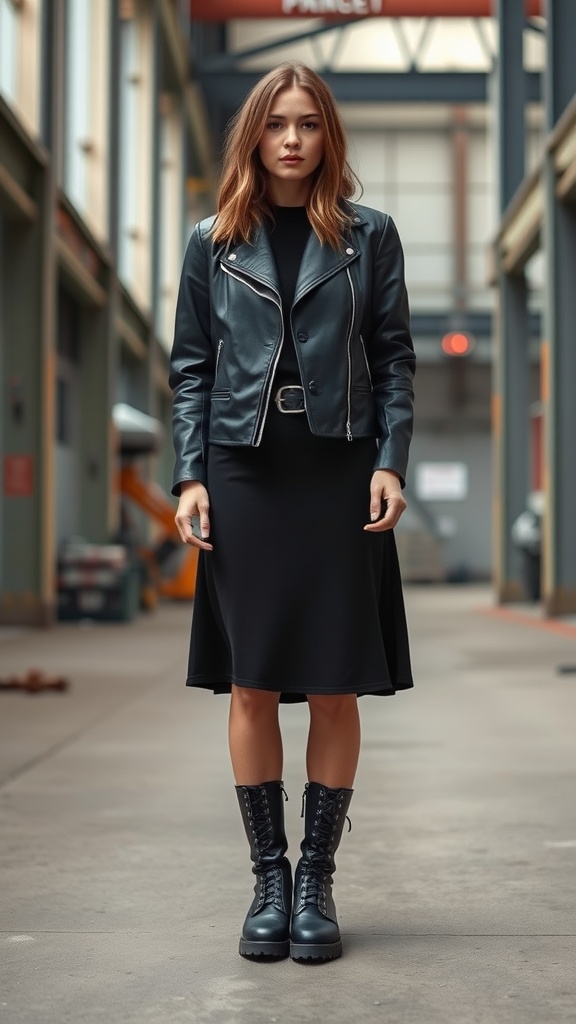 A person wearing a black midi skirt and leather jacket, standing confidently with chunky black boots.