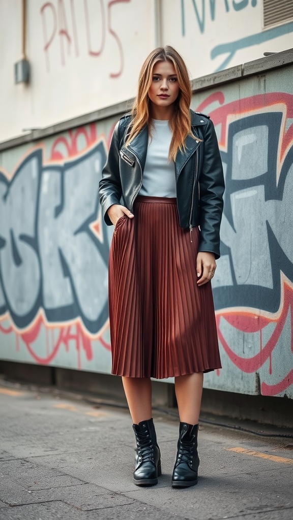 A model wearing a black leather jacket, a pleated rust-colored midi skirt, and black ankle boots against a graffiti wall.