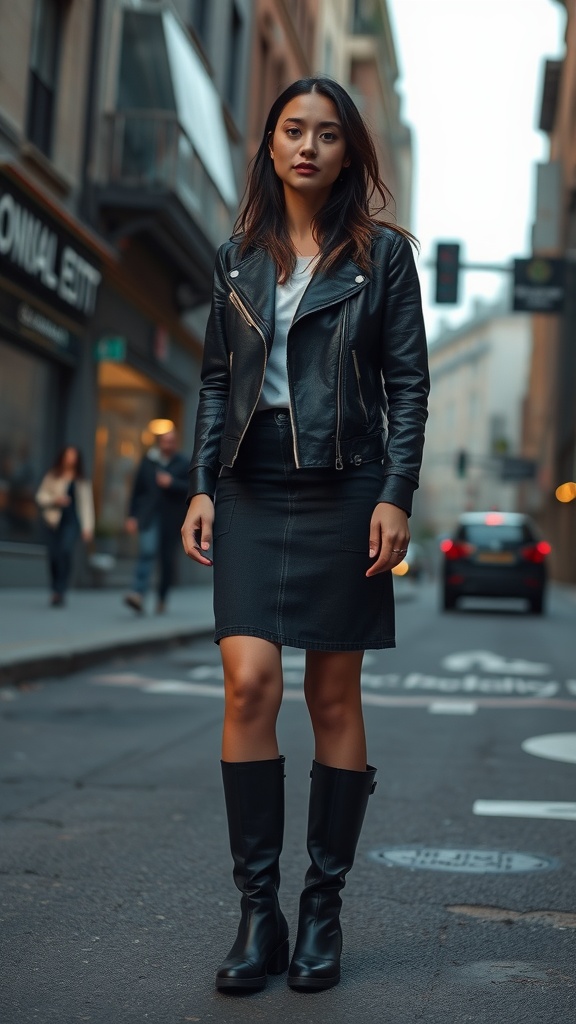 Model wearing a black denim skirt and leather jacket on a city street