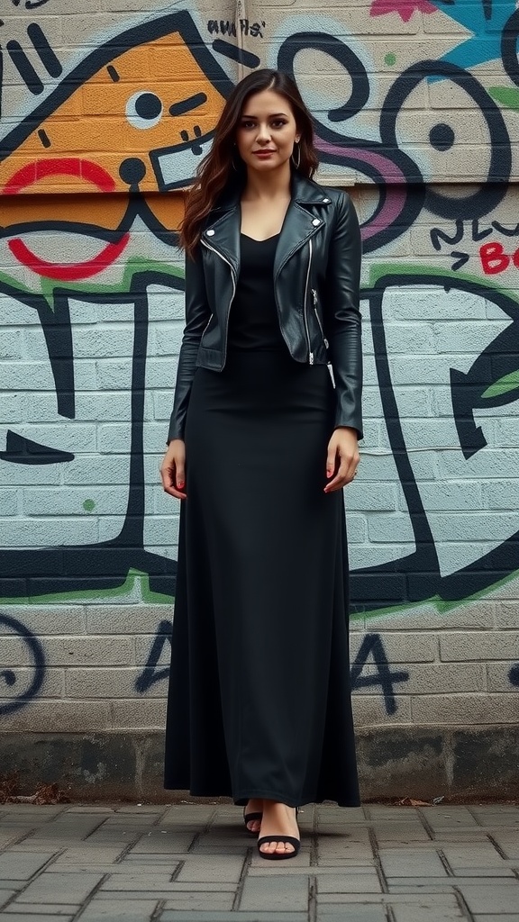 Model wearing a black maxi skirt and a leather jacket against a graffiti background.