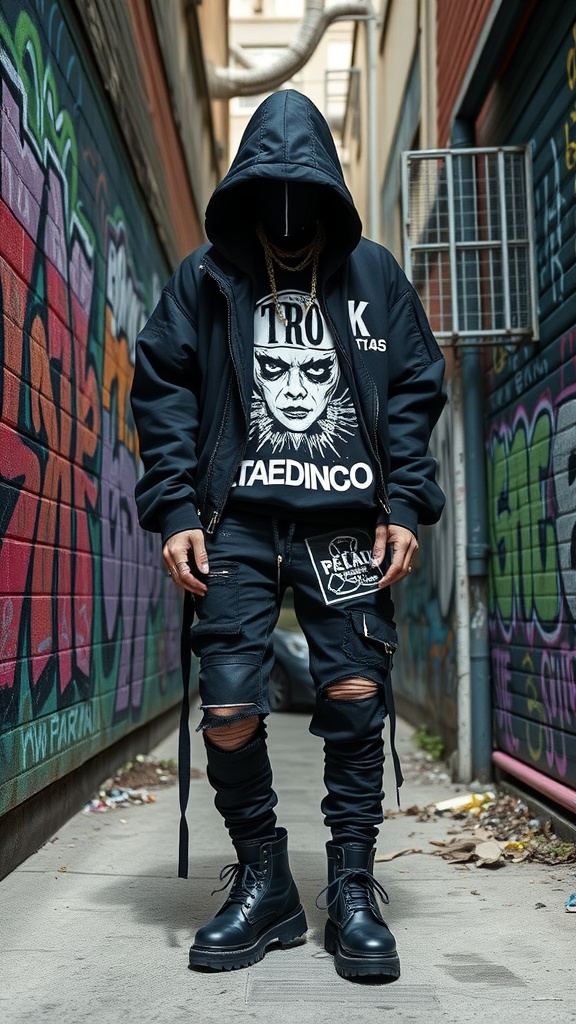A person wearing an edgy black rave outfit with an oversized hoodie, graphic tee, ripped pants, and chunky boots in an urban alley.
