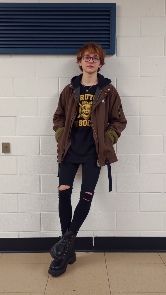 A student wearing a brown jacket, black graphic tee, ripped black leggings, and combat boots, posing against a white wall.