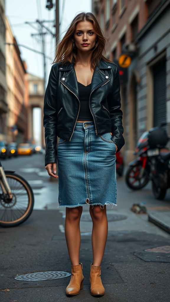 A stylish person wearing a denim skirt and leather jacket on a city street.
