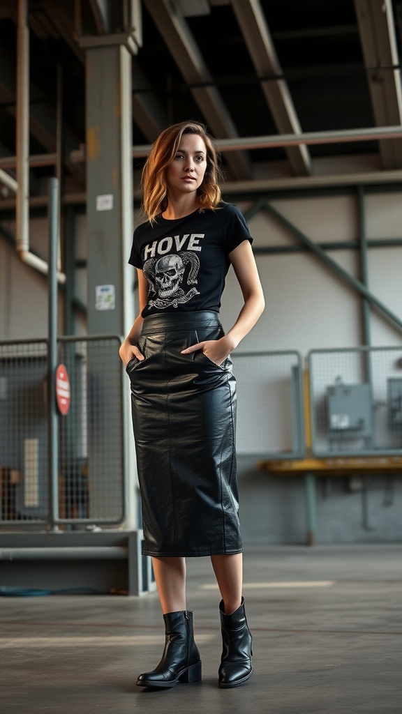 A model wearing a black graphic tee and a black leather midi skirt, standing confidently in a modern industrial setting.