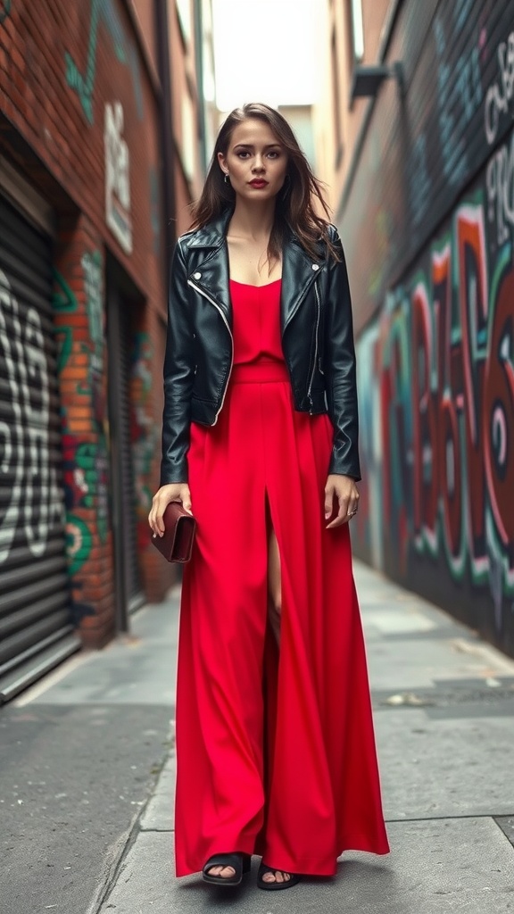 A woman in a red maxi skirt and black leather jacket stands confidently in an urban alley.