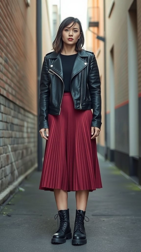 A woman wearing a black leather jacket and a burgundy pleated midi skirt, paired with black chunky boots, standing in an urban alley.