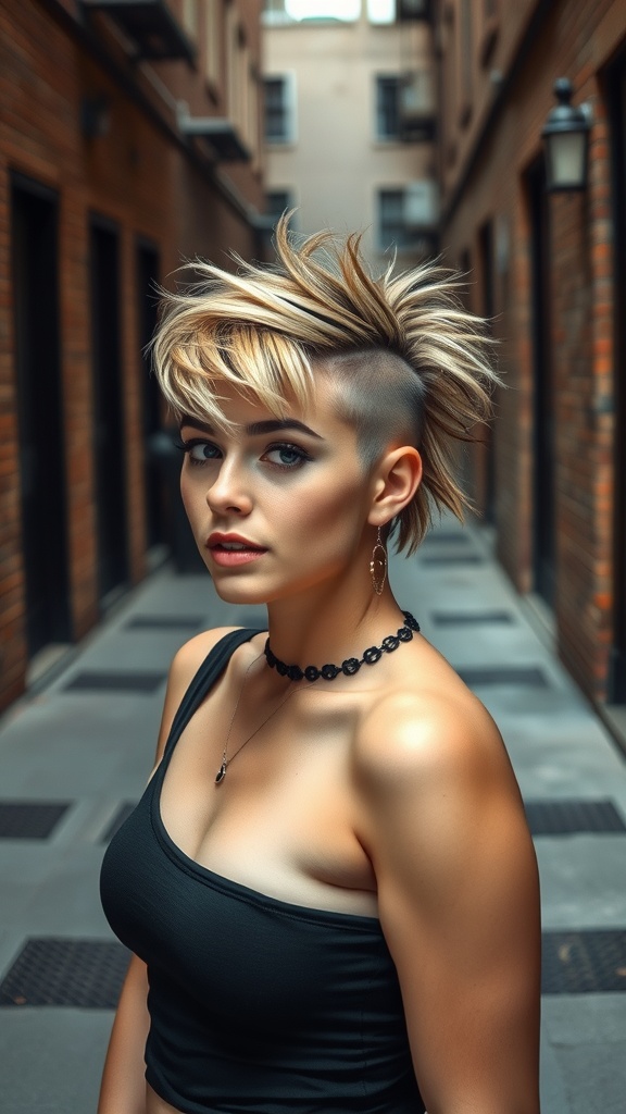 A model with an edgy undercut mullet hairstyle, featuring spiky layers and a stylish choker.
