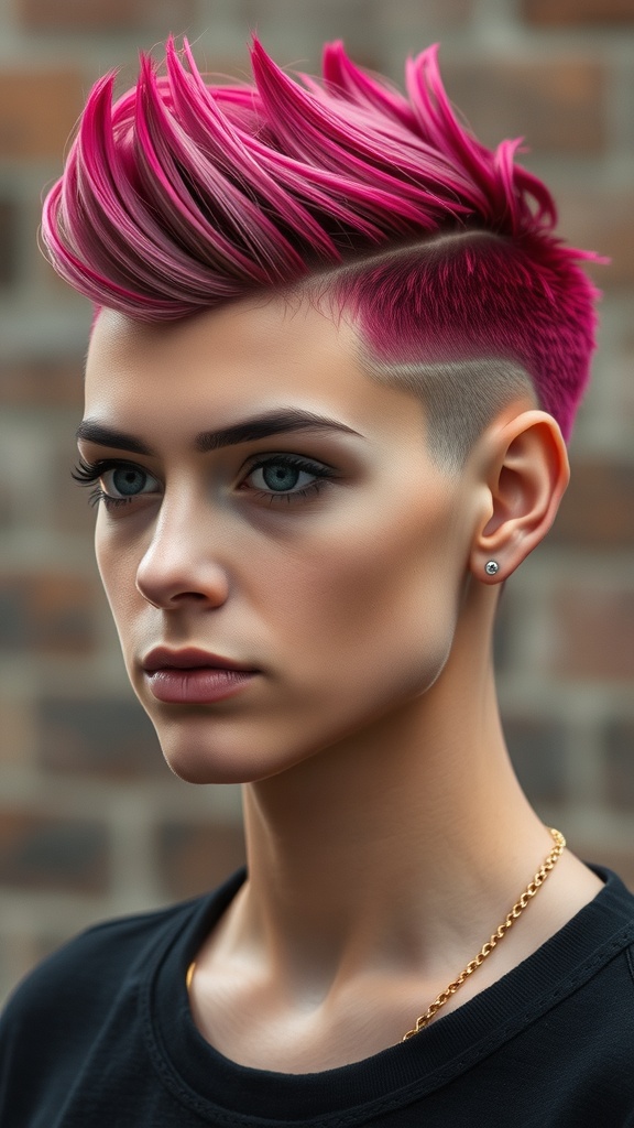A person with an edgy undercut hairstyle featuring a long, spiky top dyed in vibrant pink.