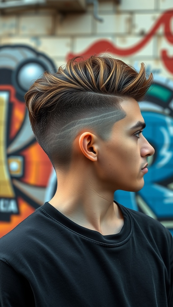A young man with an edgy undercut hairstyle featuring wavy hair on top, showcasing a stylish look against a colorful graffiti backdrop.