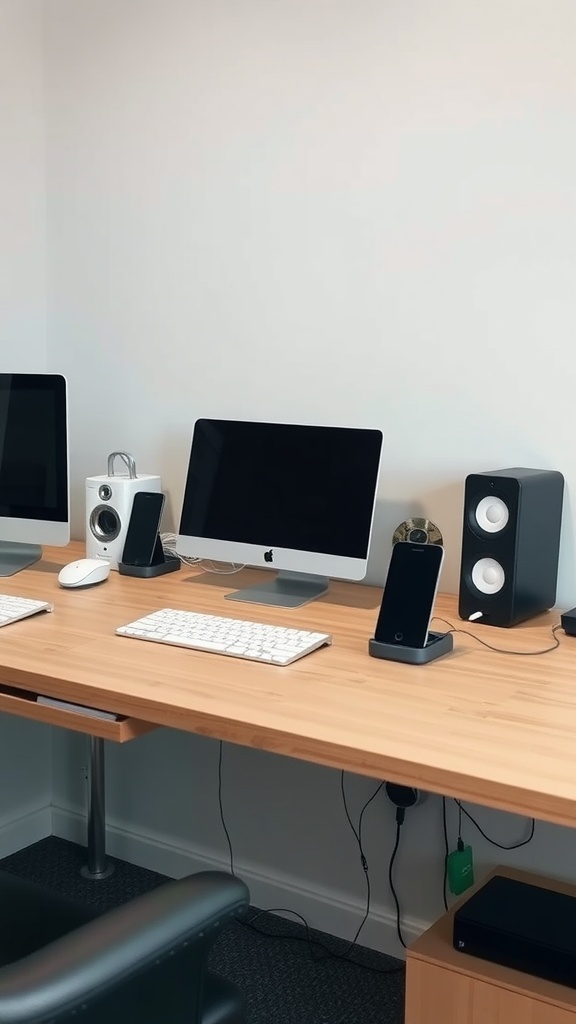 A clean home office desk with organized cables and multiple devices.