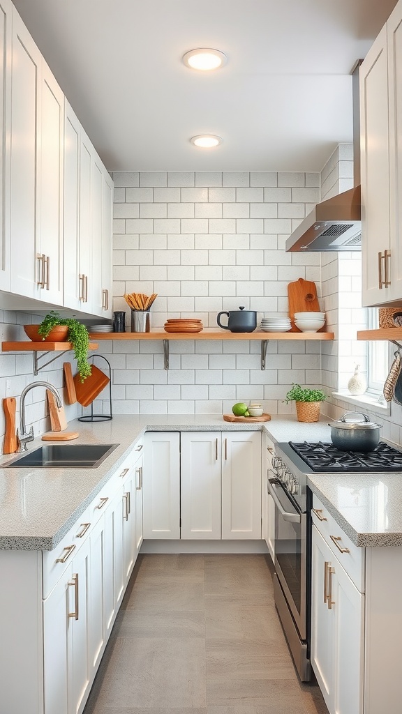 A small galley kitchen with white cabinets, gray countertops, and open shelving, showcasing an efficient layout.