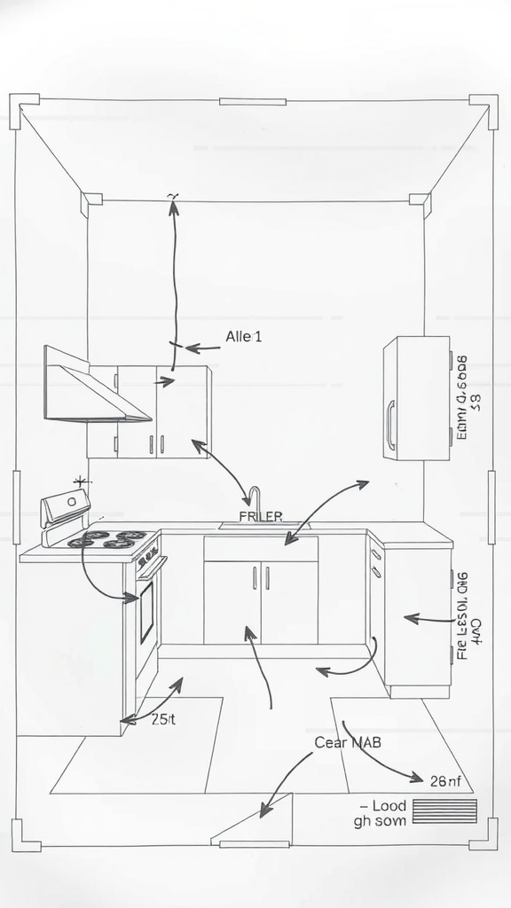A diagram of a small kitchen layout showing appliance placement and flow paths.