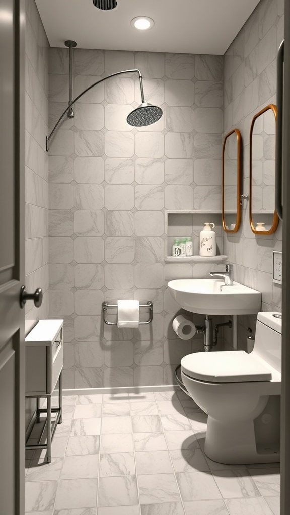 Interior of a small half bathroom with modern fixtures and tiles, showcasing an efficient layout.