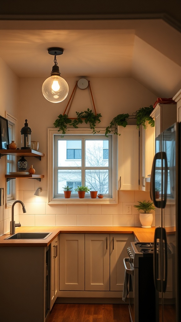 A small kitchen featuring warm lighting, plants on the windowsill, and a stylish overhead light fixture.
