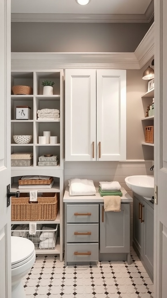 A well-organized Jack and Jill bathroom layout featuring efficient storage solutions including shelves, cabinets, and decorative elements.