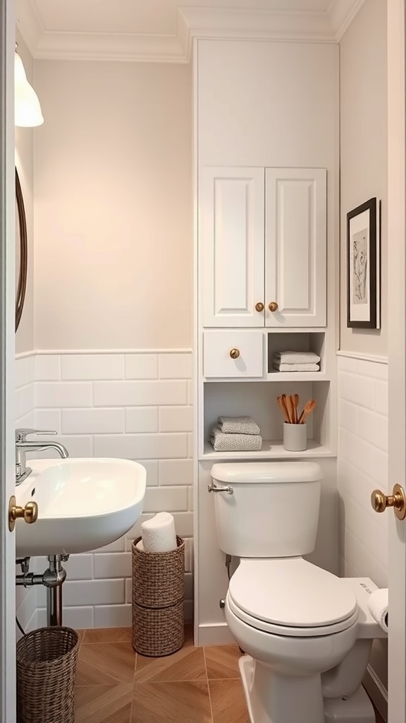 A clean and organized bathroom with efficient storage solutions, featuring a built-in cabinet and woven baskets.