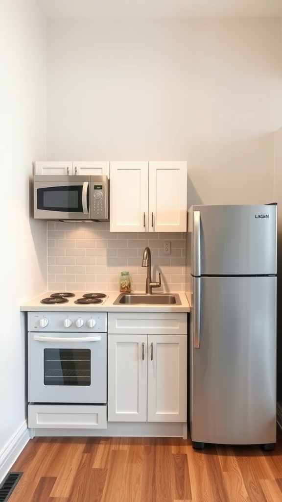 A compact kitchen layout with a stove, sink, and refrigerator arranged in a work triangle for efficient cooking.
