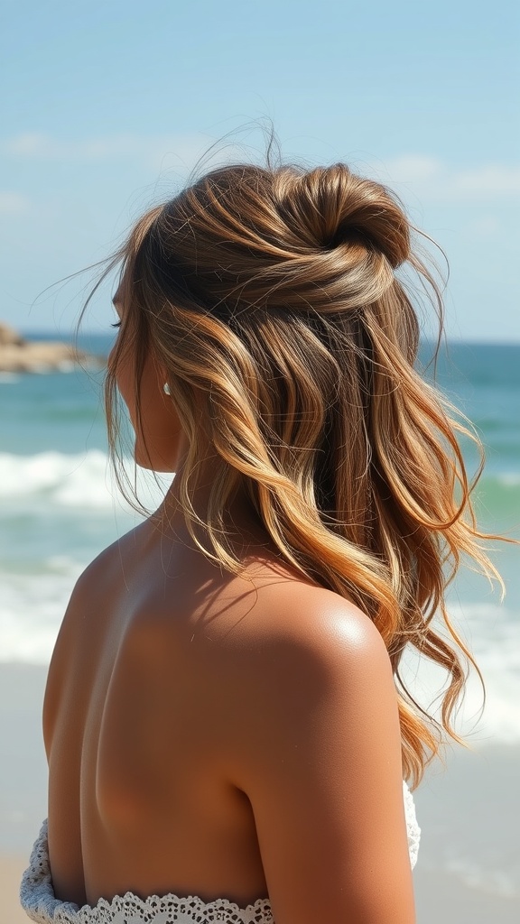 A woman with half-up hairstyle secured with a claw clip, showcasing beach waves.