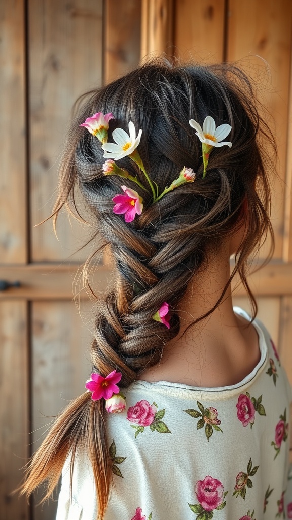 A messy braided hairstyle adorned with flowers.