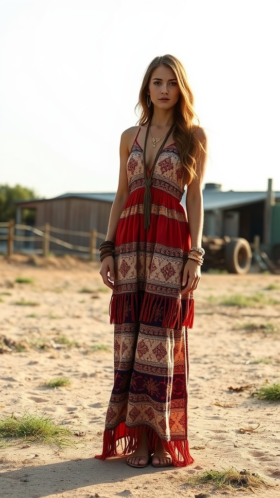 A model wearing a colorful boho maxi dress with fringe, standing in a sunlit outdoor setting.